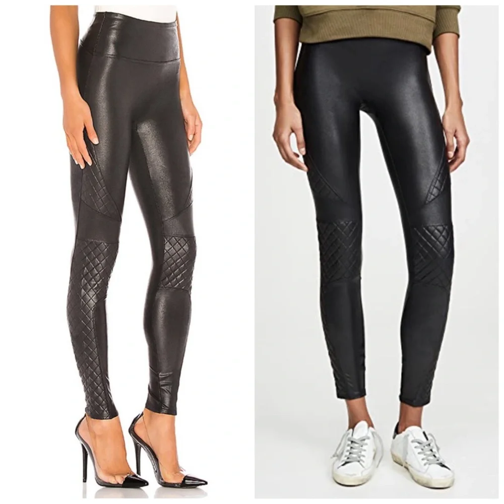 Spanx Black Quilted Faux Leather Leggings Size Medium